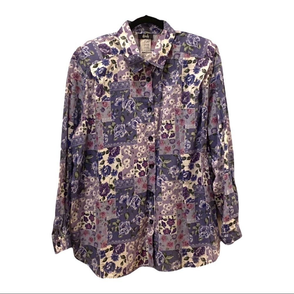 Tapestry blouse button down purples & white flowers NEW, MADE IN USA